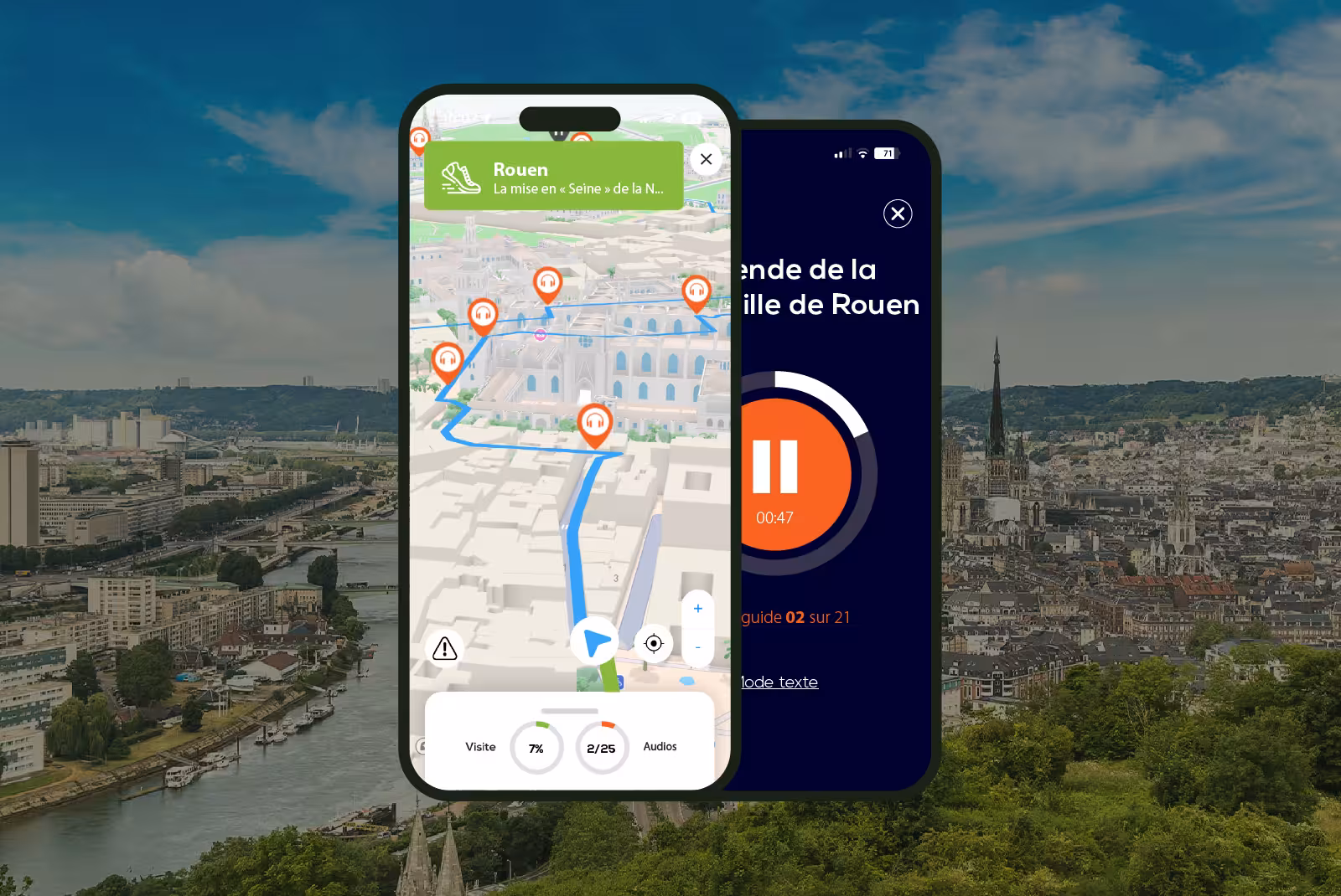 Interface mobile application audioguide Rouen on smartphone with panoramic view from Sainte-Catherine hill.