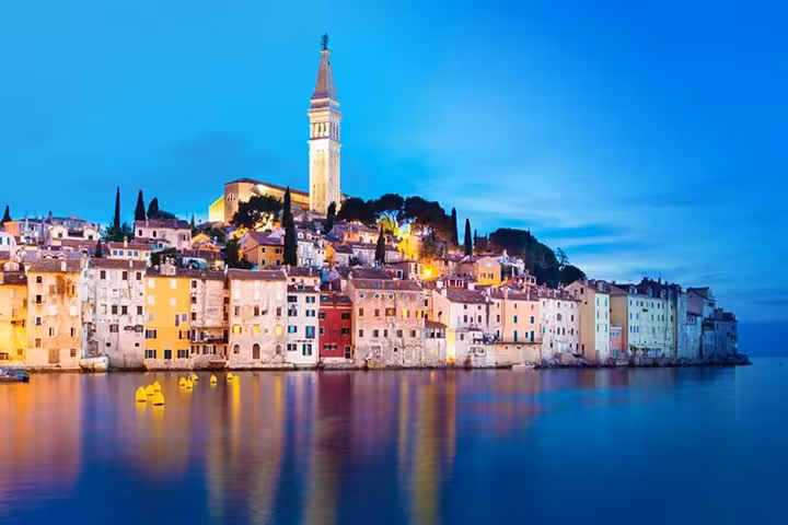 Rovinj old town waterfront at dusk, Croatia Adriatic coast highlight on an 8-day private Balkans tour