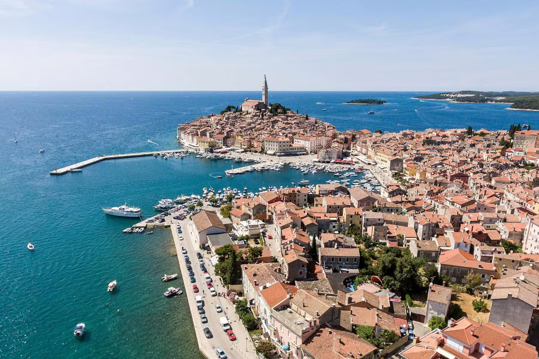 Aerial view of Rovinj old town and harbor, a highlight on the Istrian Coast boat cruise with BBQ from Poreč
