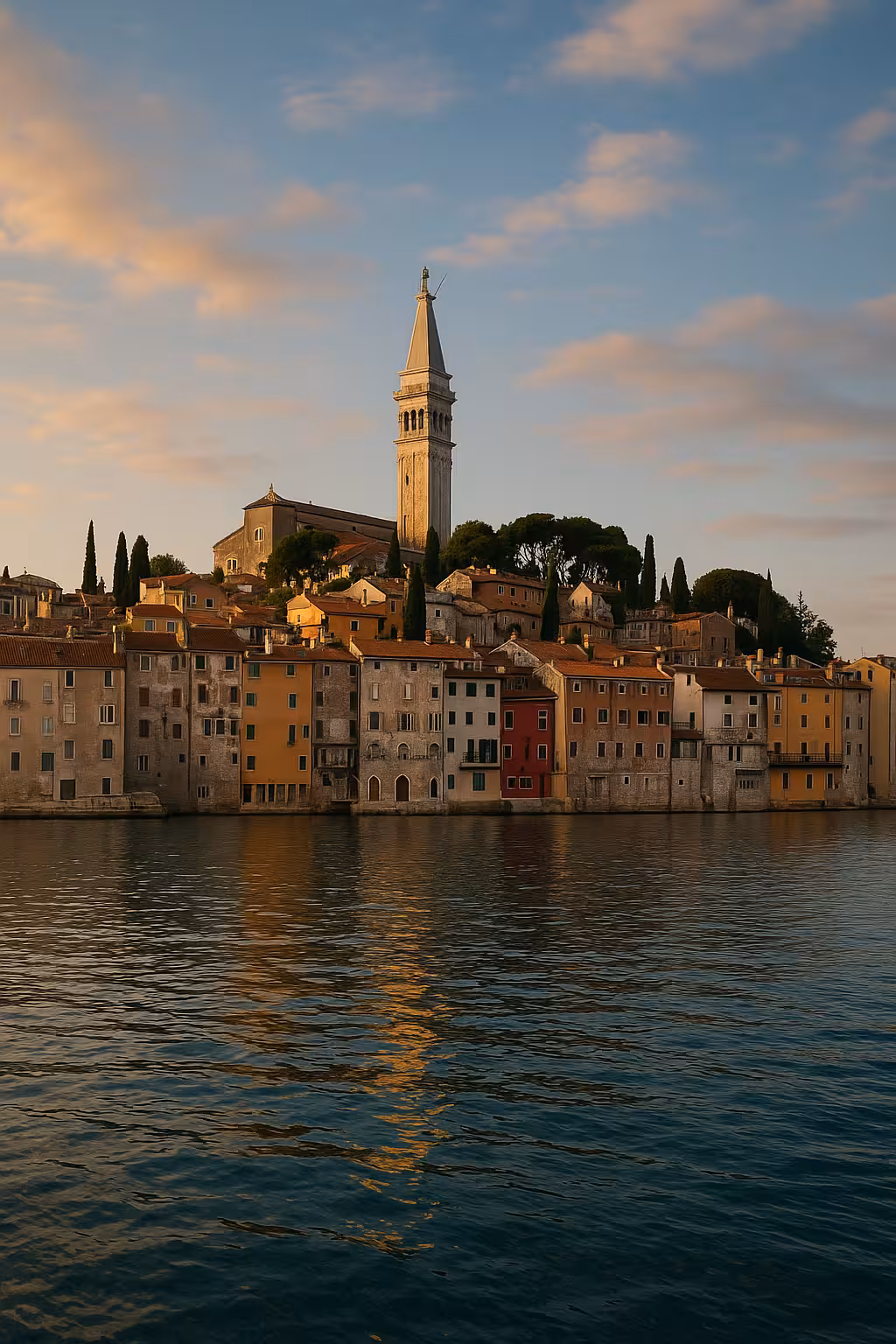 Rovinj old town waterfront with Church of Saint Euphemia bell tower at golden hour, Croatia
