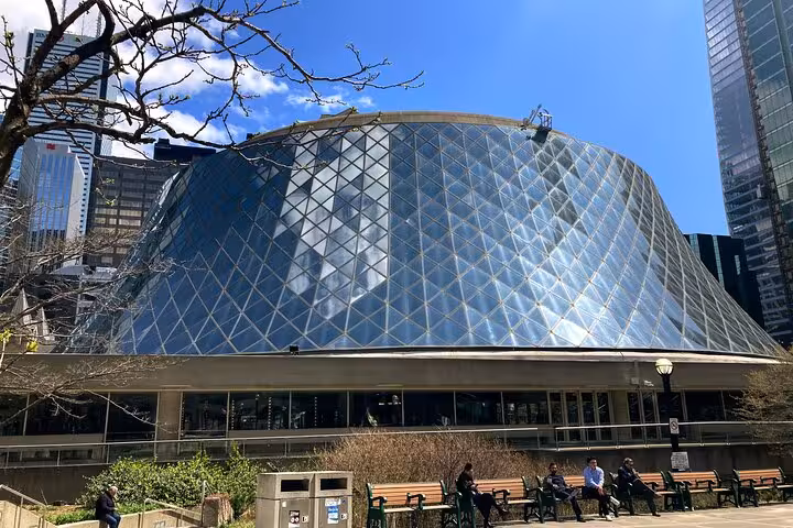 Iconic Roy Thomson Hall glass dome architecture on Toronto self-guided GPS smartphone walking tour