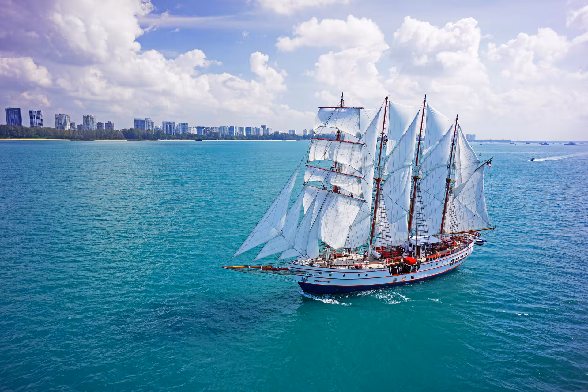 Majestic tall ship Royal Albatross sails with full white sails on a sunny dog-friendly breakfast cruise near the city skyline.