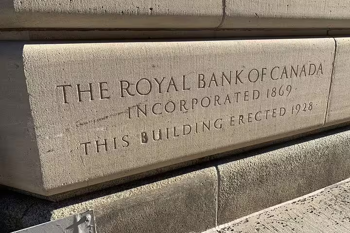 Stone cornerstone of The Royal Bank of Canada building, incorporated 1869, erected 1928, in Old Montreal