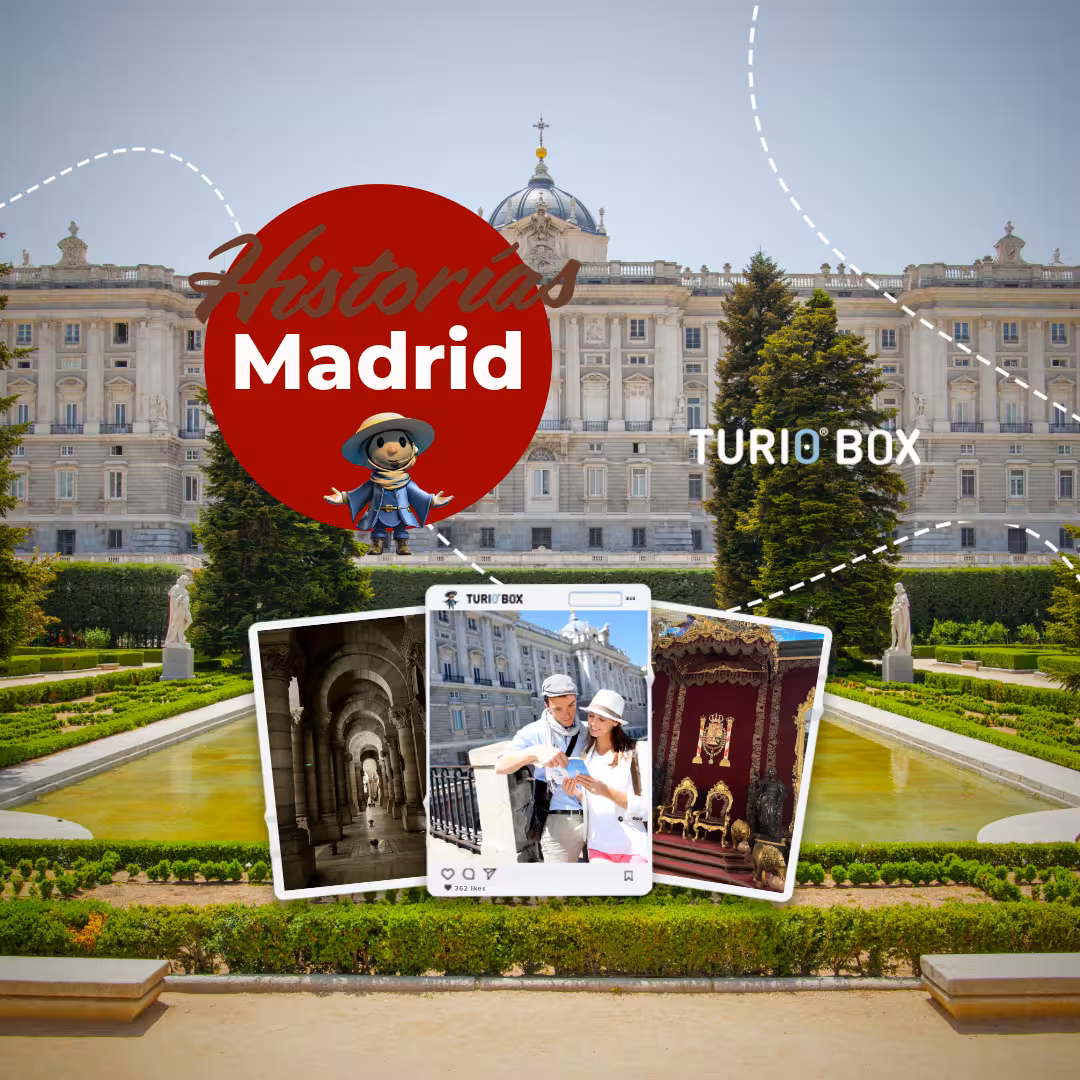 Royal Palace of Madrid gardens promo for Historias Locales tour, with palace facade and interior highlights