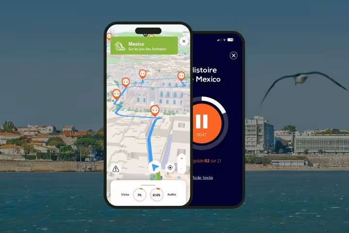 Royan self-guided walking tour app showing GPS map with audio guide interface and city landmarks