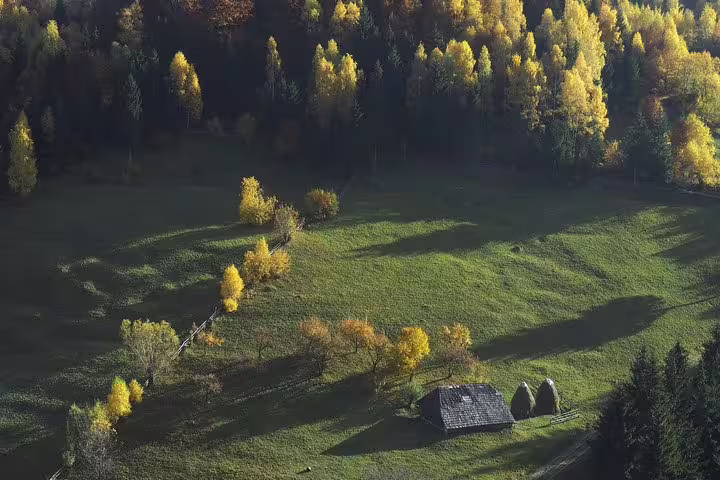 Aerial view of green mountain meadow with rustic cabin and autumn trees in rural Romania
