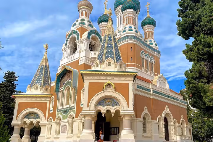 Russian Orthodox Cathedral with colorful onion domes and ornate facade in Nice, France
