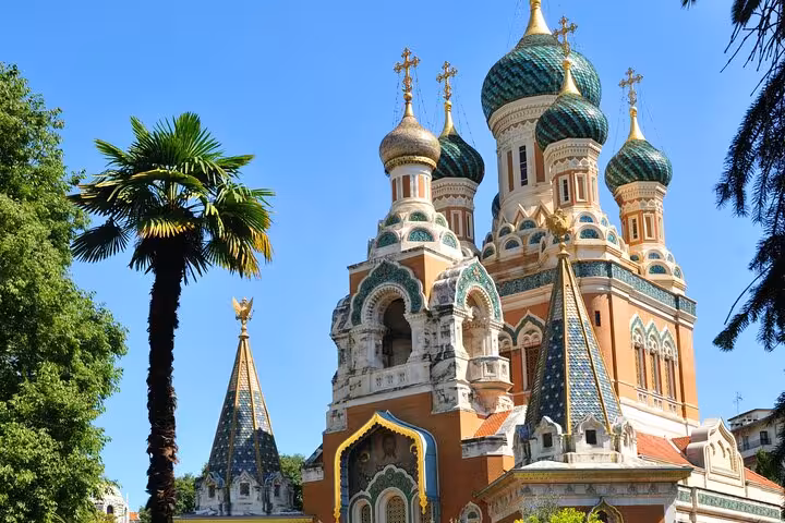 Russian Orthodox Cathedral with ornate green onion domes and gold crosses in Nice, France