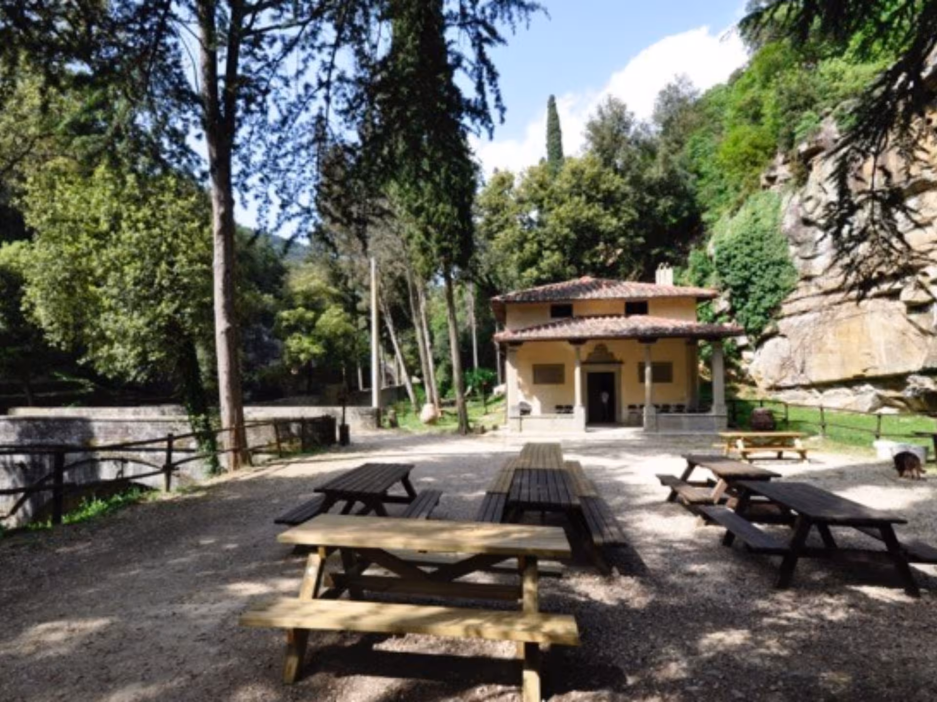 Rustic picnic area with wooden tables surrounded by lush greenery near Florence for a relaxing nature escape.