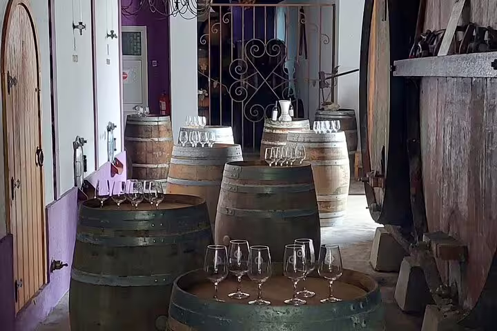 Rustic wine cellar with wooden barrels and glasses ready for a tasting tour in a charming vineyard setting.