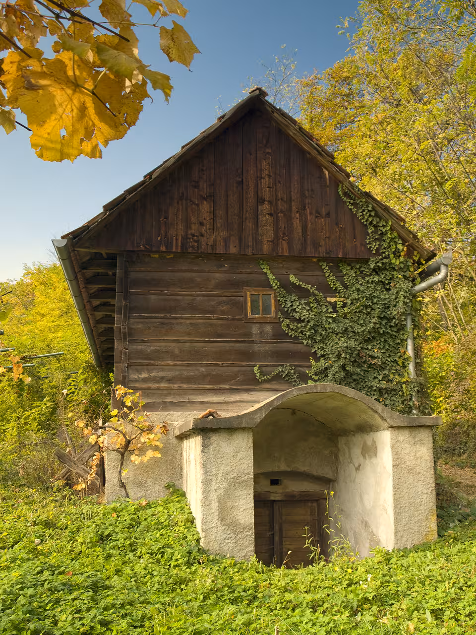 Rustic wooden cottage with ivy in Hrvatsko Zagorje countryside on Trakošćan Castle & Varaždin day tour