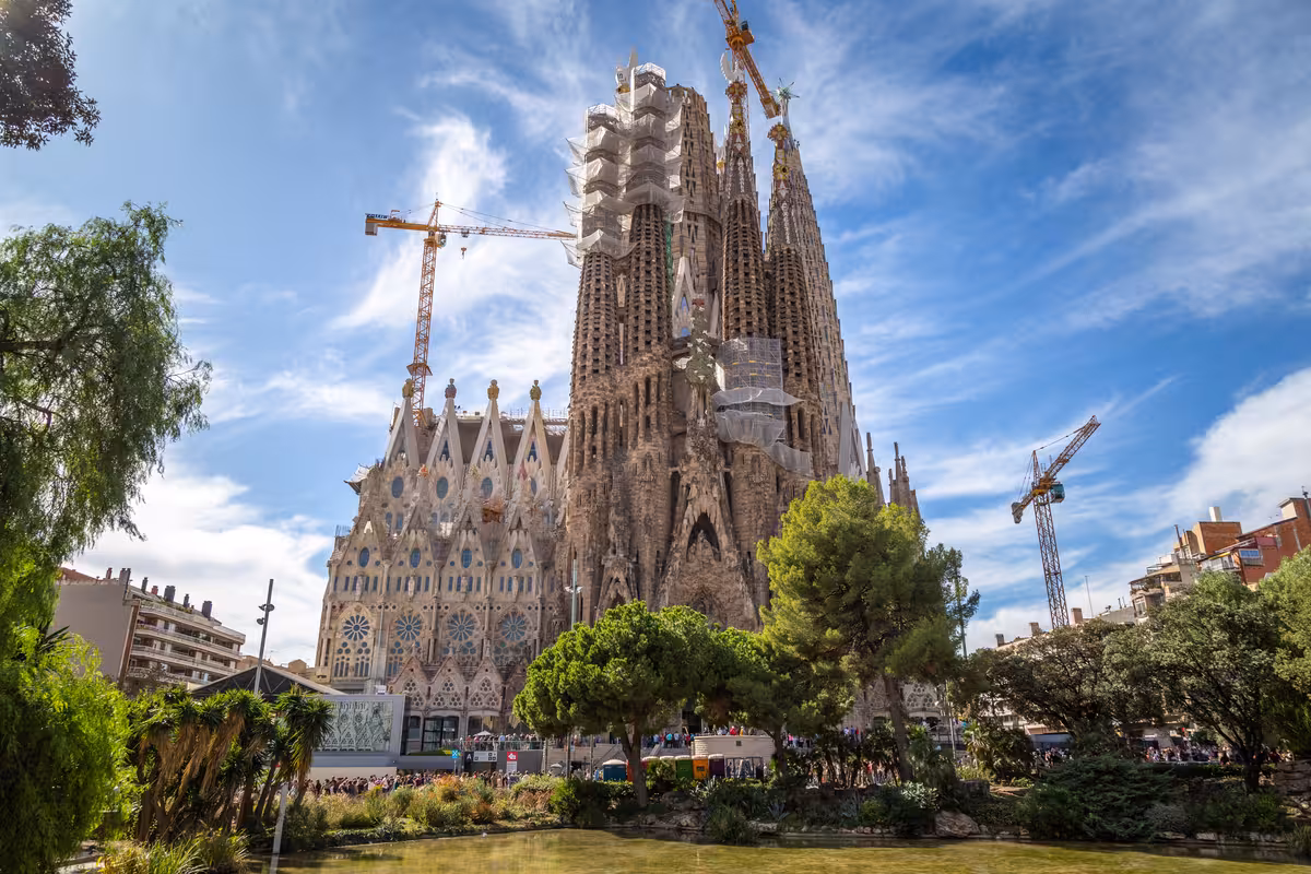 Sagrada Família basilica in Barcelona on a UNESCO tour with skip-the-line tickets, exterior view under blue sky