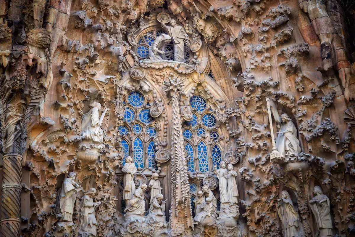 Intricate exterior facade details of Sagrada Familia captured on a skip-the-line guided tour in Barcelona.