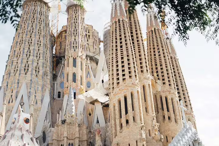 Close-up view of the intricate architecture of the Sagrada Familia, highlighting its stunning spires and design.