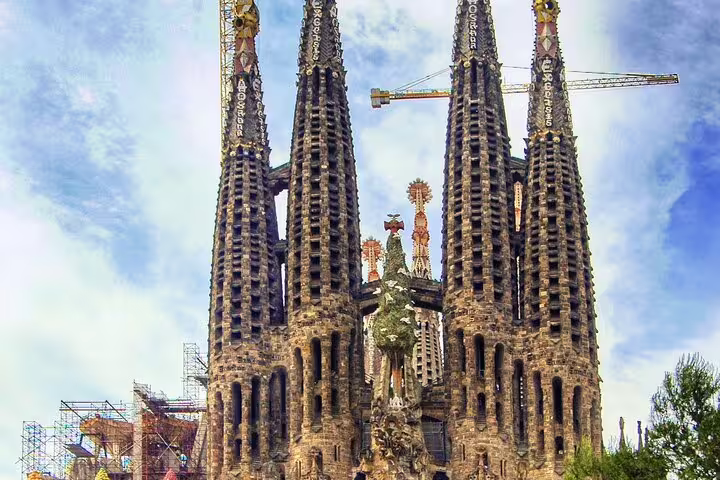 Sagrada Família towers and spires under construction in Barcelona, Spain