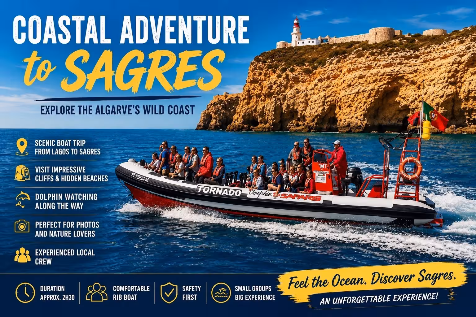 Tornado Dolphin Safaris RIB boat full of tourists exploring Sagres wild Algarve coast on a scenic trip from Lagos