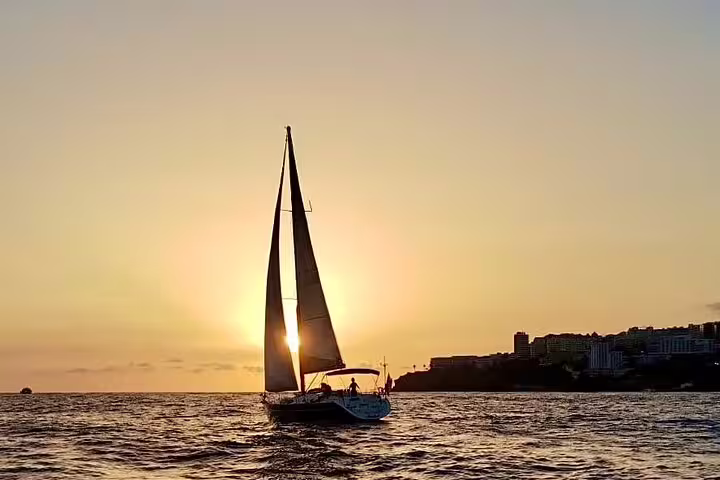 Sailboat gliding on Madeira's south coast during a stunning sunset, offering an unforgettable half-day sailing experience.