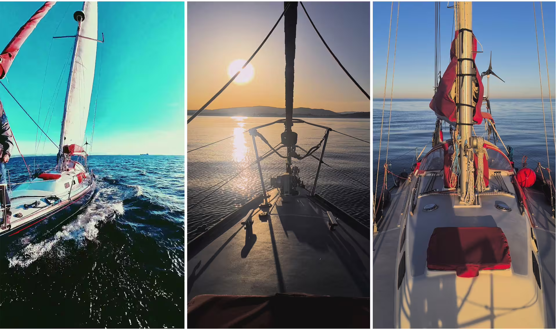 Un velero navegando en un mar tranquilo, bajo un cielo teñido de rojo y naranja por el atardecer.