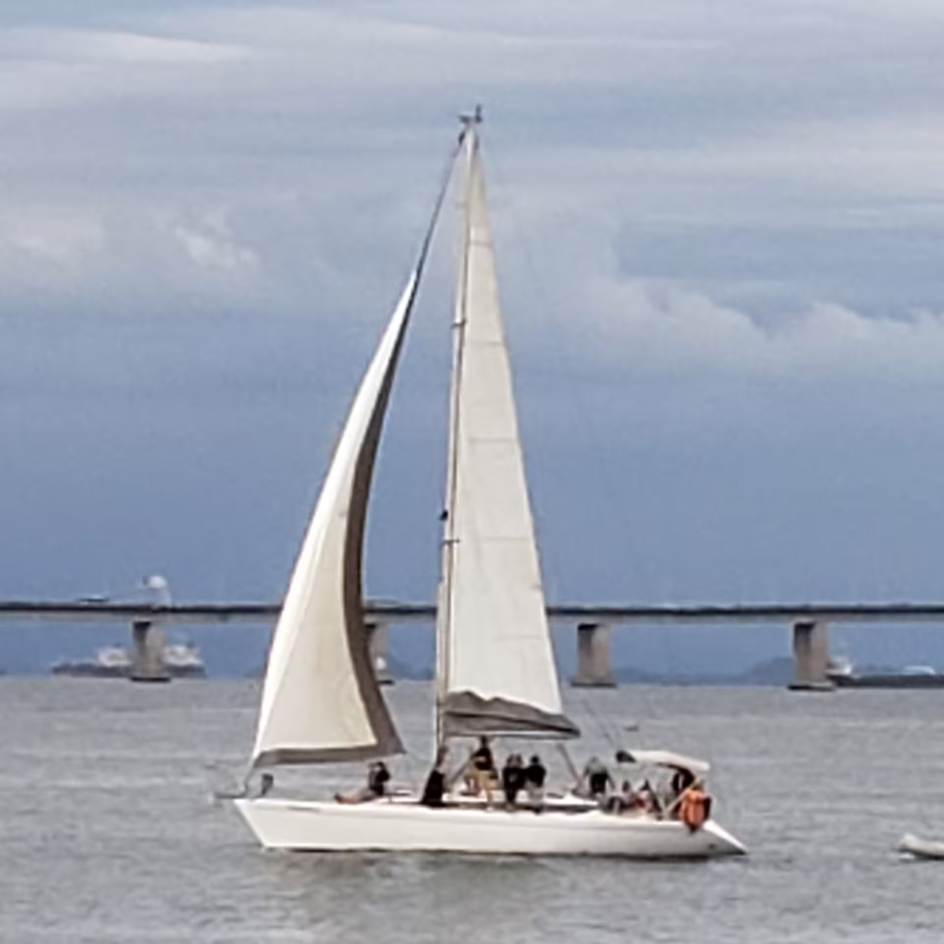 Sailboat gliding on tranquil waters with a bridge backdrop, perfect for a Wake Up and Sail adventure tour.