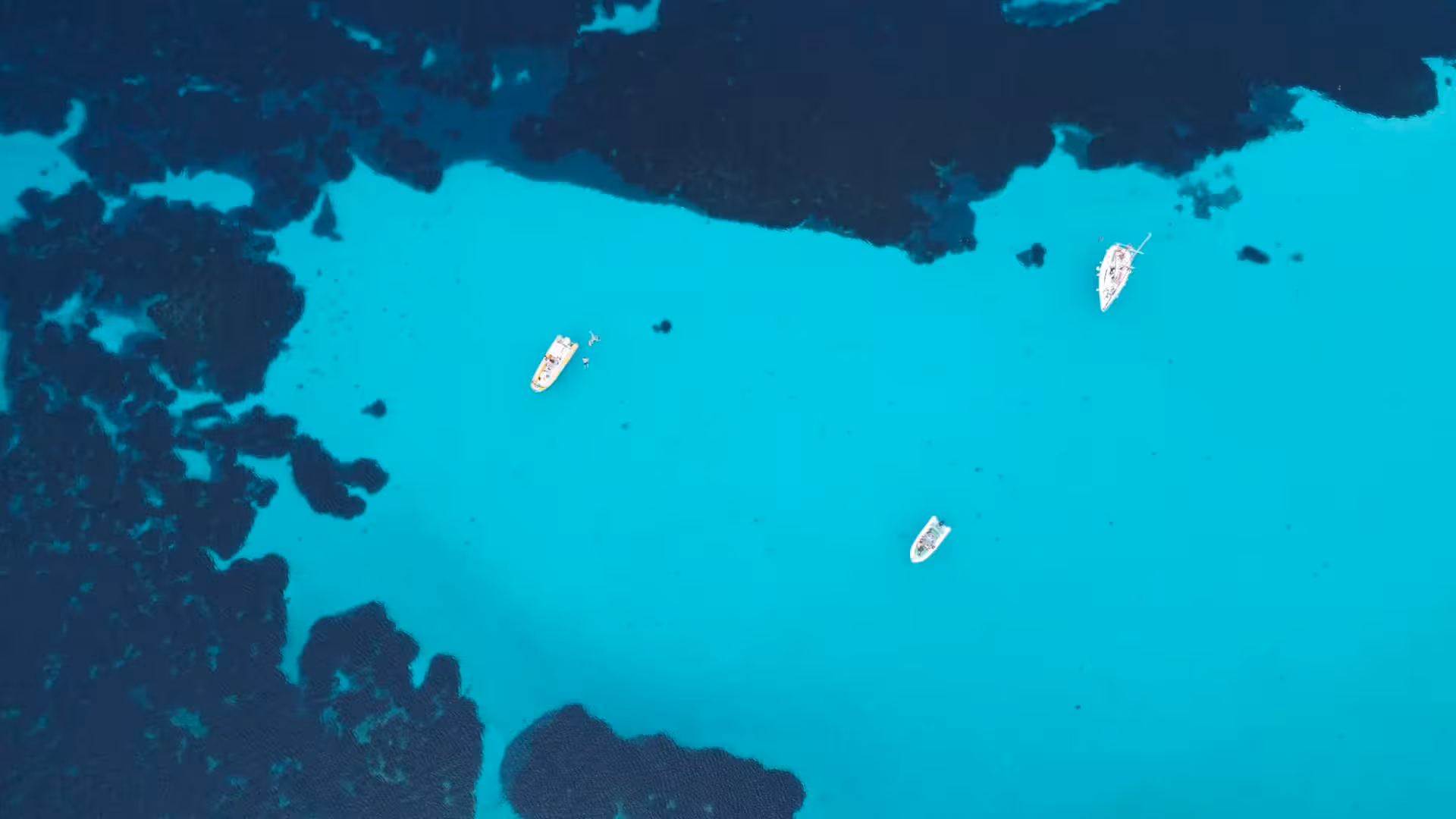 Top view of sailboats anchored in the vibrant blue sea near Stintino, perfect for Asinara sailboat tours.