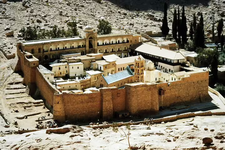 Aerial view of Saint Catherine Monastery in Sinai, a highlight of the Moses Mountain private tour from Taba