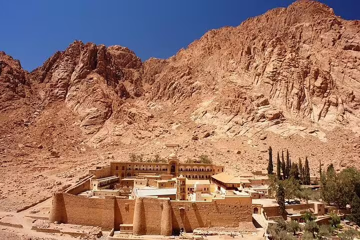 Wide view of Saint Catherine’s Monastery below Mount Sinai, Sharm El Sheikh to Dahab day trip