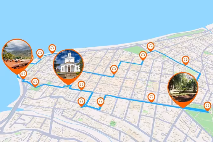 Self-guided walking tour map of Saint-Denis with orange audio guide pins marking key landmarks and route