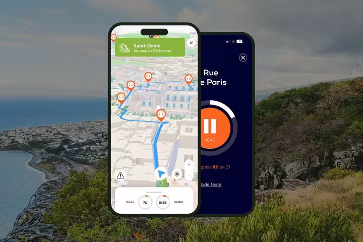 Saint-Denis self-guided walking tour app showing interactive map with audio commentary on smartphone screens