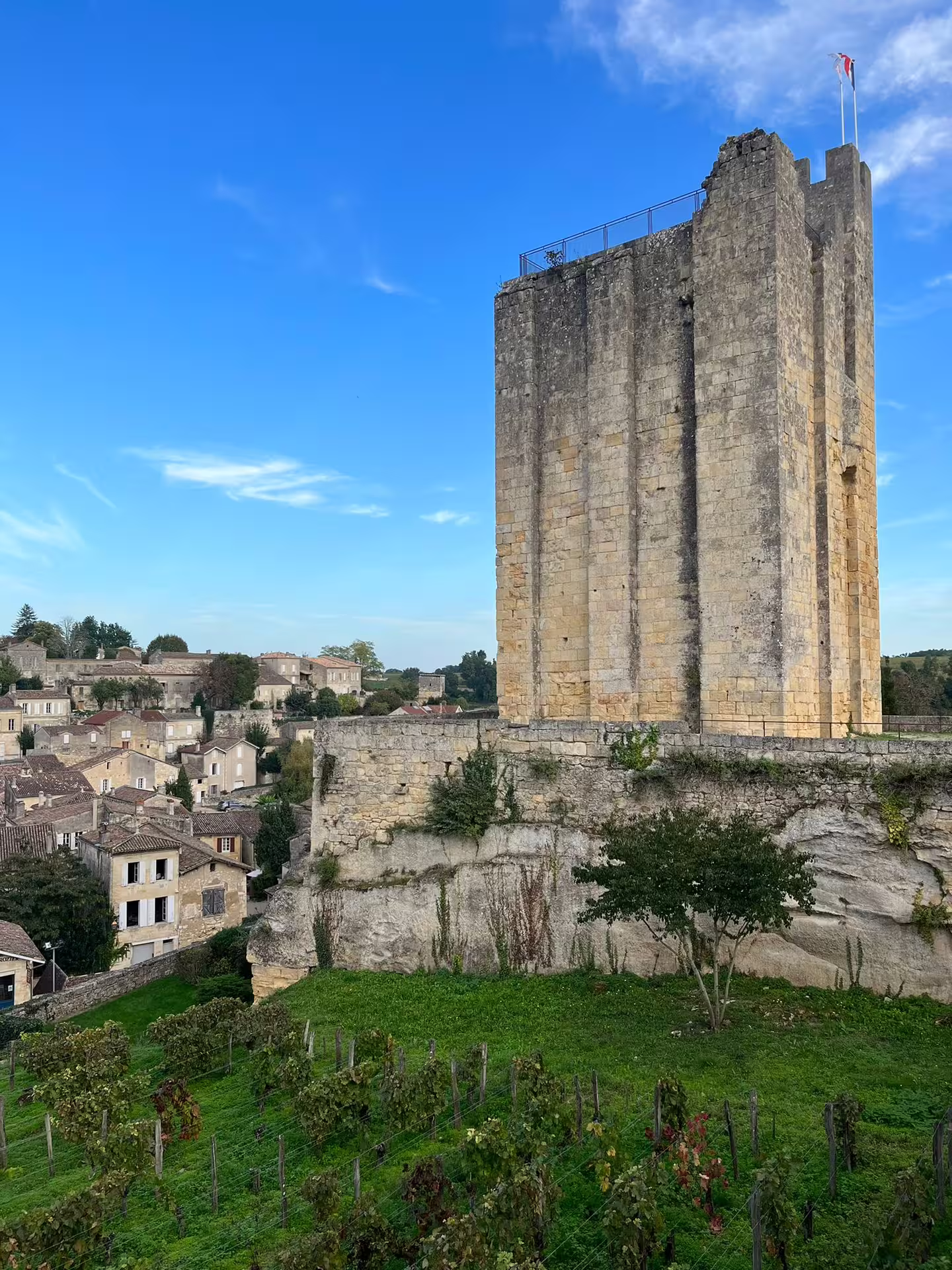 Saint-Émilion medieval tower above vineyards, highlight of small group walking tour with cave wine tasting