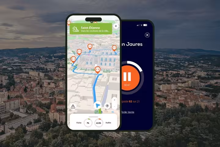 Saint-Etienne self-guided audio walking tour app showing GPS map with route markers and audio guide player