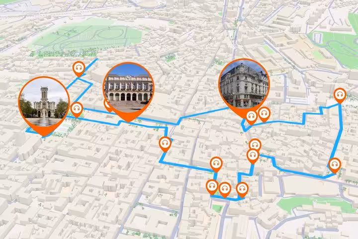 3D map of Saint-Etienne walking tour route with orange audio guide pins and landmark photos