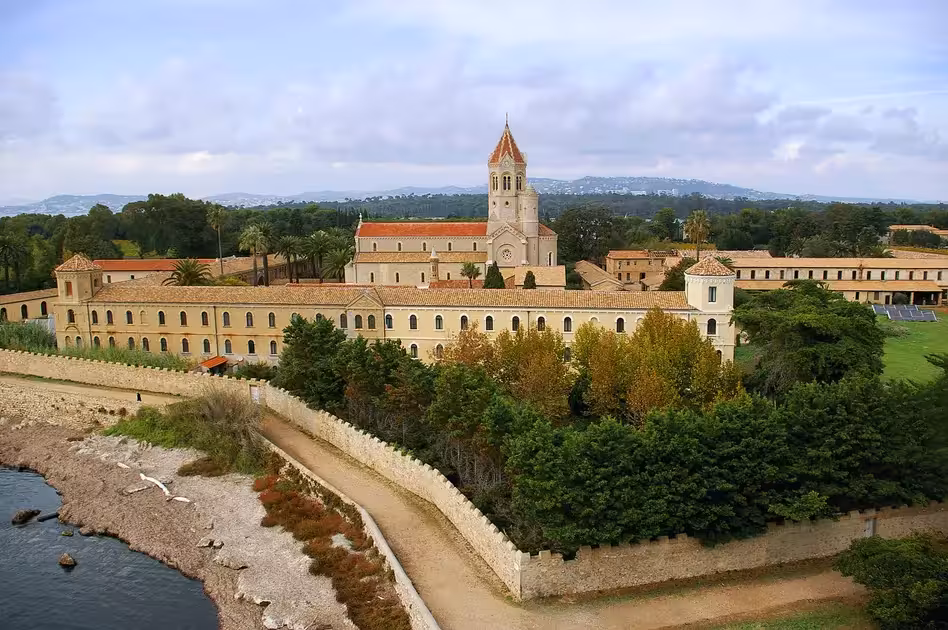 Aerial view of Saint-Honorat monastery and vineyards on Lérins Island near Cannes, French Riviera