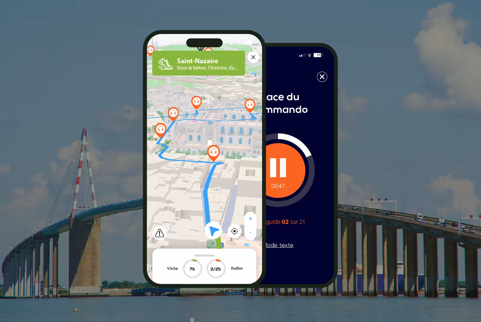 Saint-Nazaire audioguide mobile application interface on smartphone with the bridge in the background.