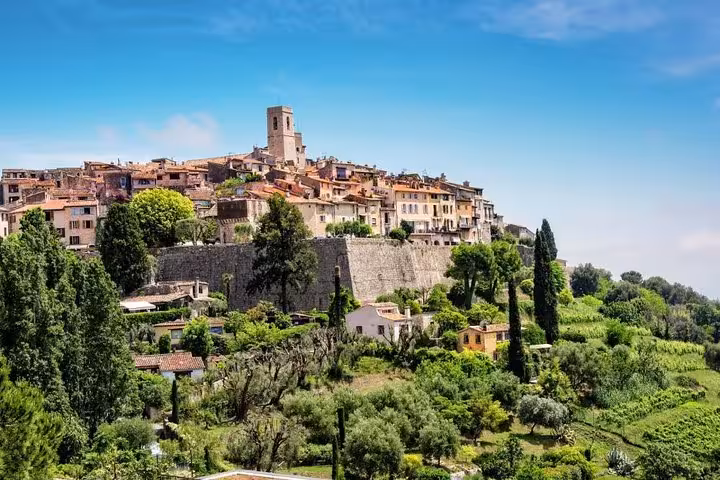 Hilltop medieval village of Saint-Paul-de-Vence with stone walls and terracotta rooftops on French Riviera