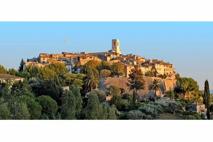 Hilltop medieval village of Saint-Paul-de-Vence with stone buildings and church tower, French Riviera