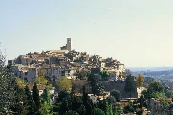 Hilltop medieval village of Saint-Paul-de-Vence with stone buildings and church tower, French Riviera