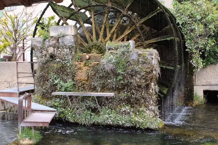 Picturesque ancient water mill in Saint Rémy surrounded by lush greenery and cascading water.