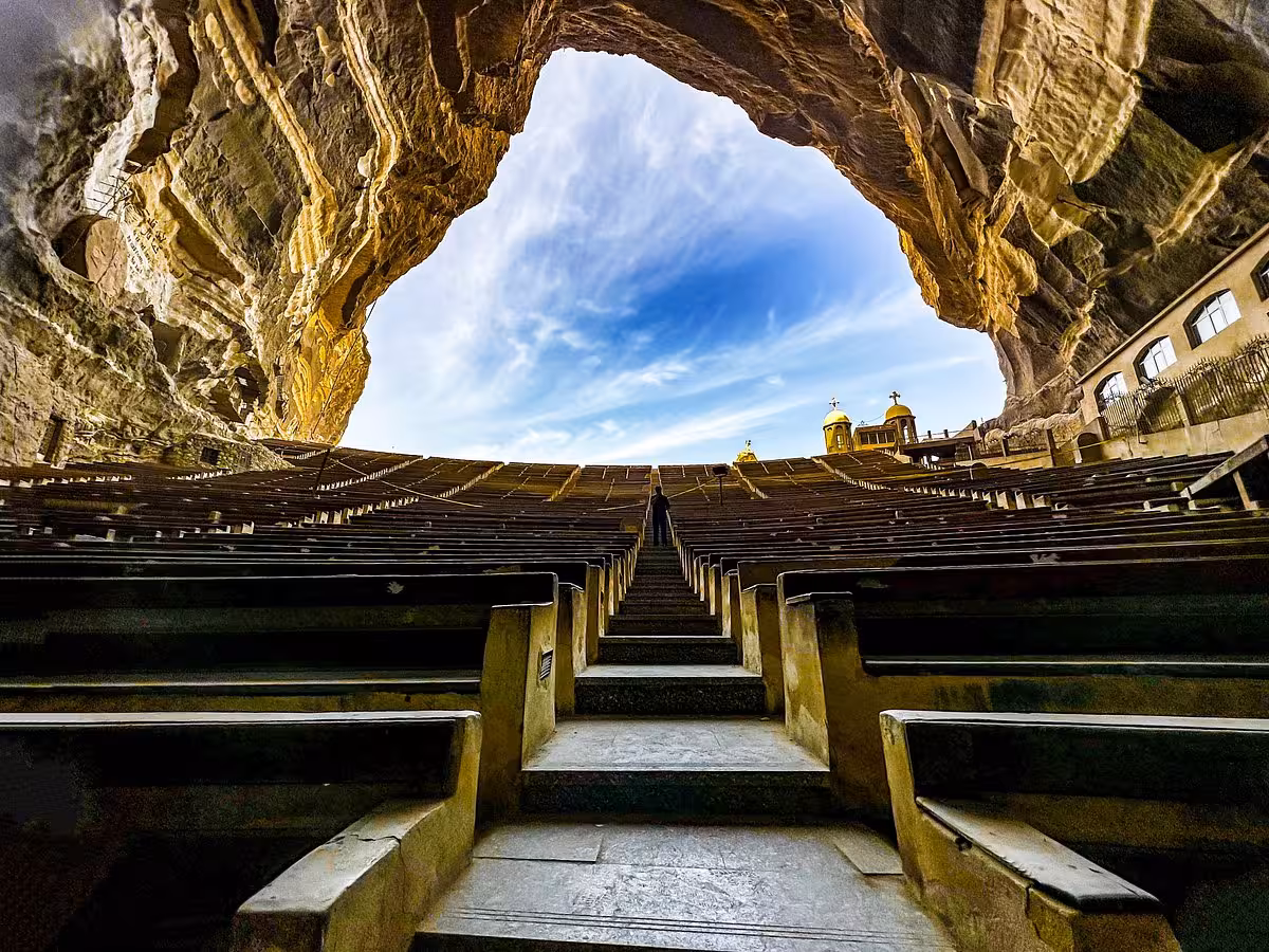 Seating inside Saint Simon Cave Church in Mokattam, Cairo, a highlight of Old Cairo churches tour