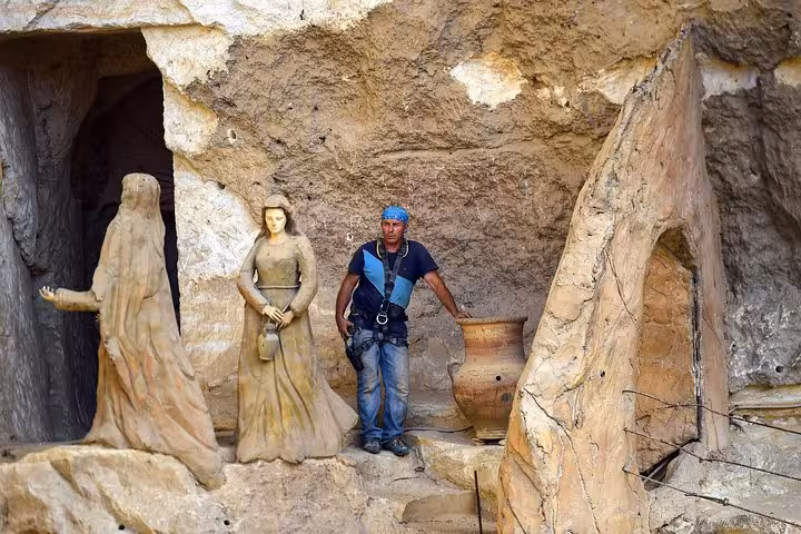 Rock-cut statues at Saint Simon Monastery cave church in Mokattam, Cairo on Old Cairo churches tour