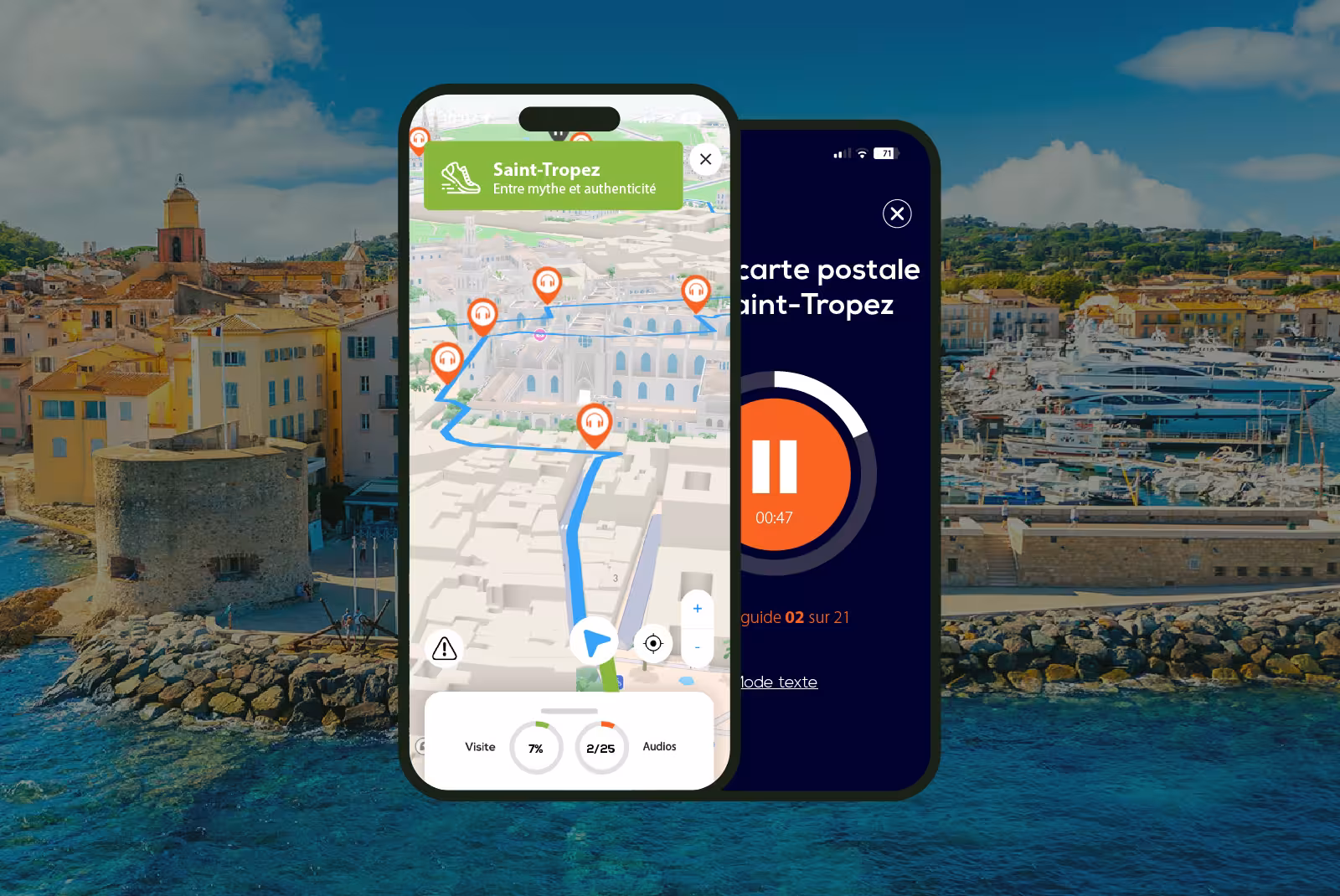 Saint-Tropez audioguide mobile application interface on smartphone with the bell tower and the port in the background.