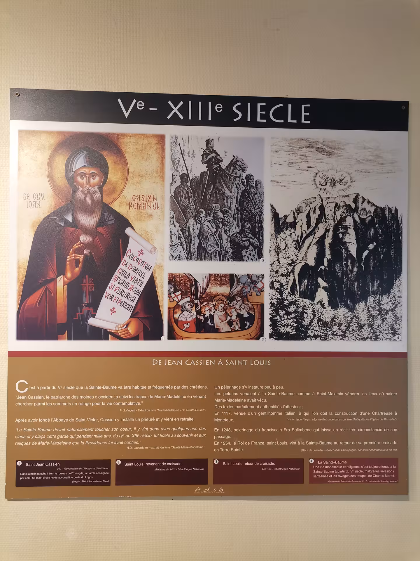 Interpretive panel on Sainte-Baume pilgrimage history, cultural stop on the sacred hike to Grotte Sainte-Madeleine