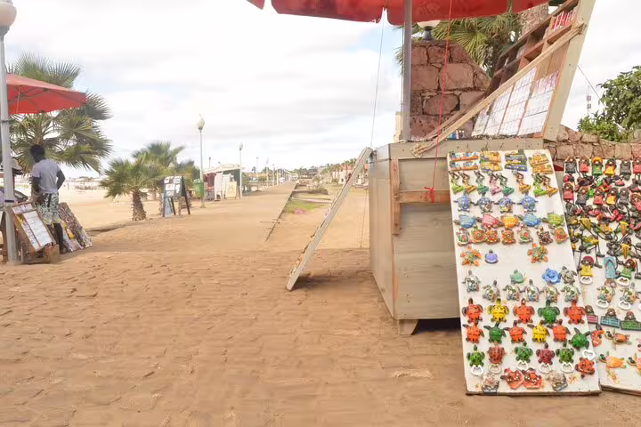 Souvenir stalls along Sal Island promenade near Murdeira, seen on private airport transfer from Amílcar Cabral