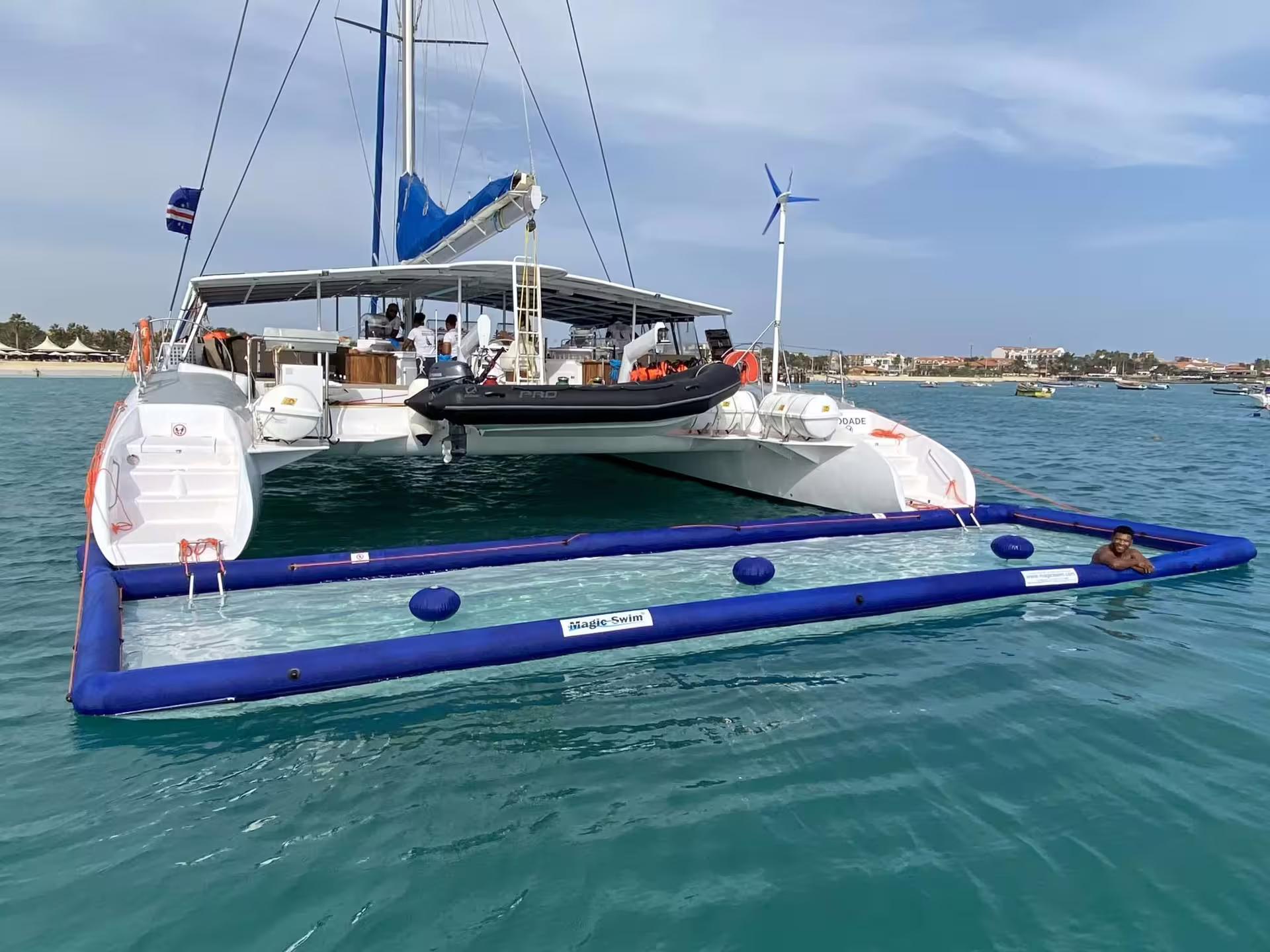 Close-up of a catamaran with a swim platform in Sal Island, offering a serene and enjoyable ocean experience.