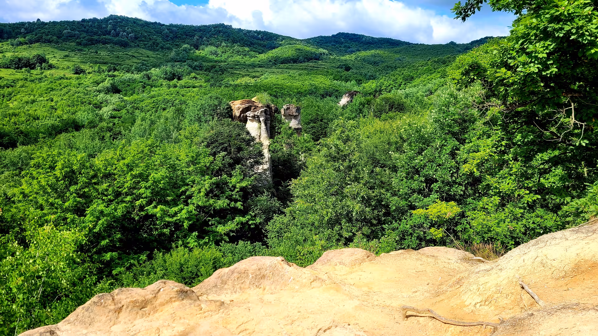 Panoramic view of rock formations and lush green forest hills in Salaj, Romania