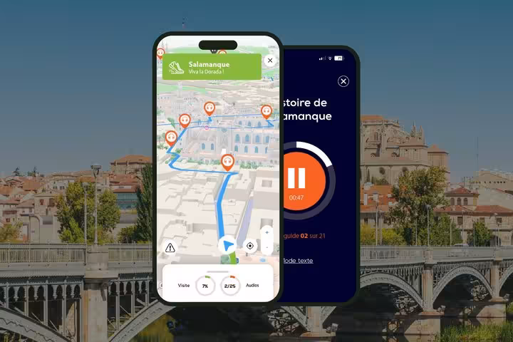 Salamanca self-guided walking tour app showing GPS map navigation and audio guide interface on two smartphones