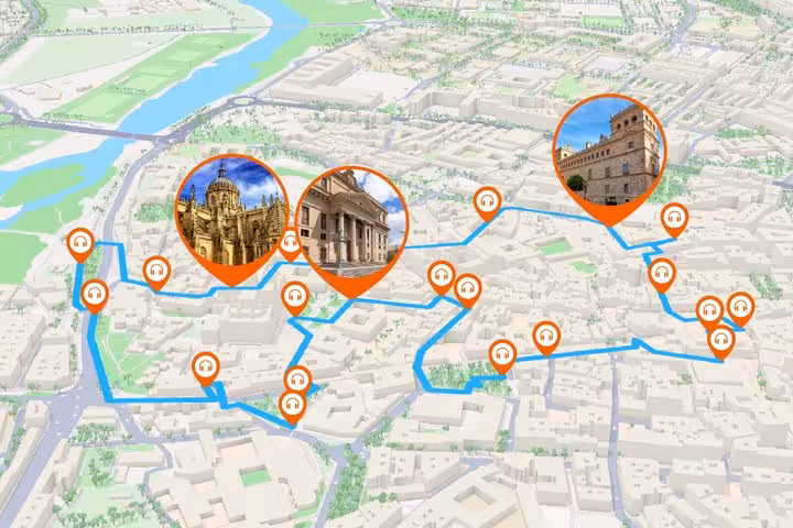 Salamanca self-guided walking tour map with GPS route, audio guide pins, and landmarks including the Cathedral