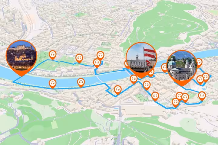 GPS route map of Salzburg self-guided audio walking tour with orange pins marking key landmarks