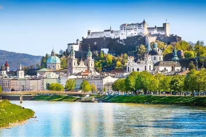 Salzburg skyline with Hohensalzburg Fortress over the Salzach River, arrival on Vienna to Salzburg transfer