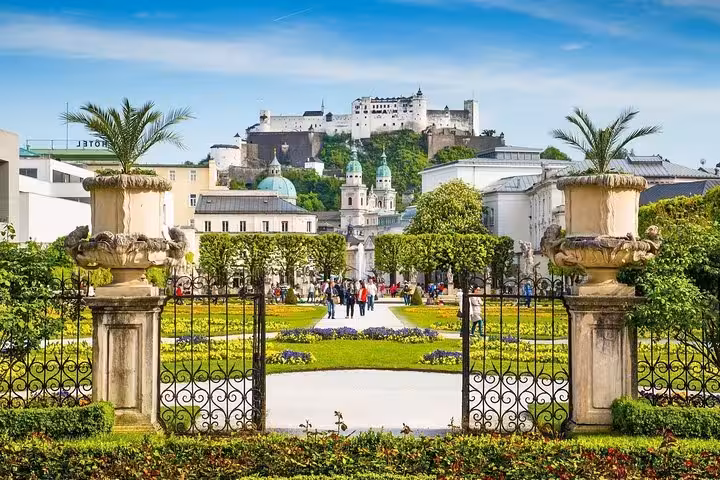 Mirabell Gardens viewpoint toward Hohensalzburg Fortress on a Salzburg small-group day trip from Vienna
