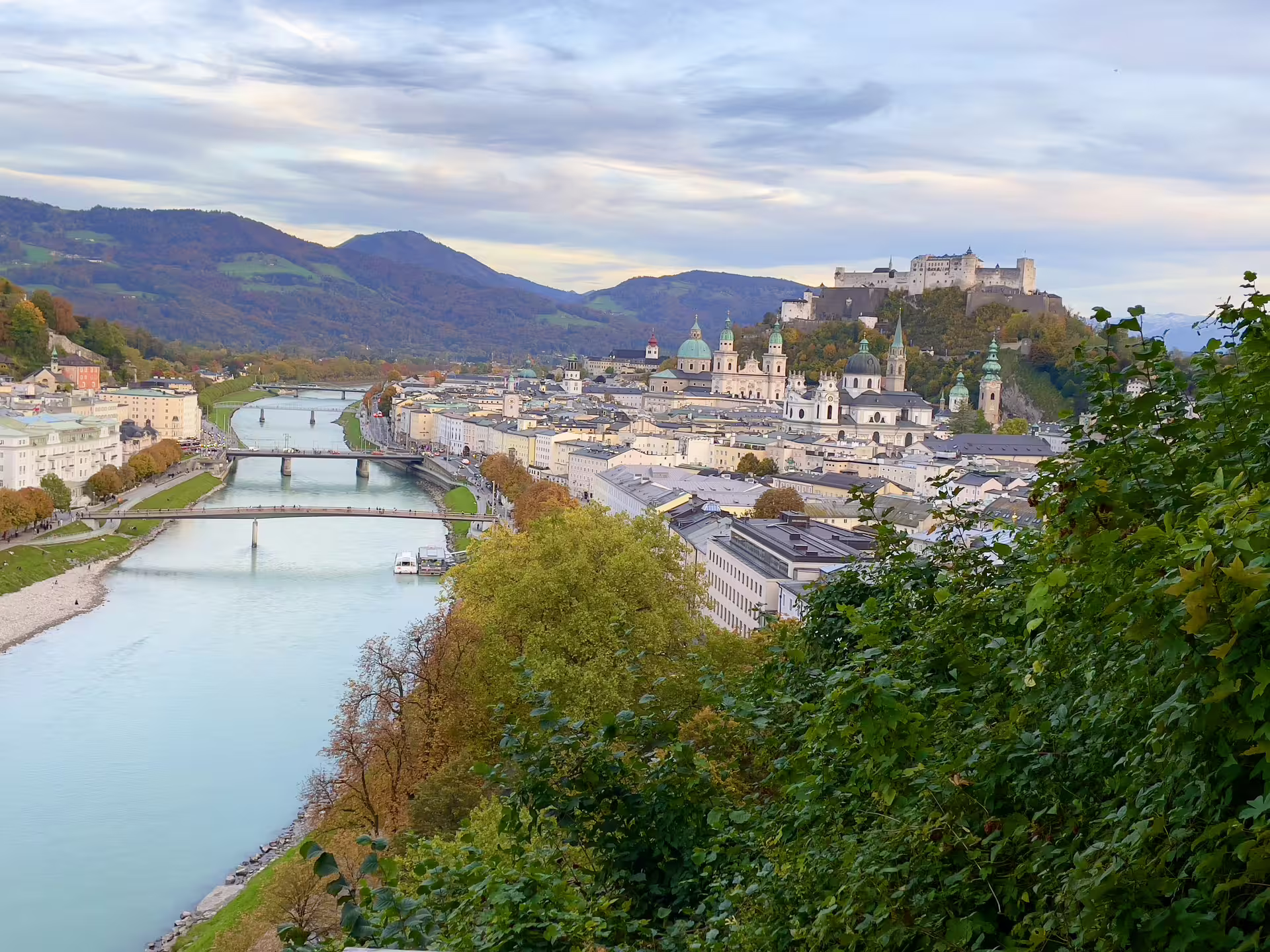 Panoramic view of Salzburg with river and fortress, key location on Sound of Music sightseeing tour.